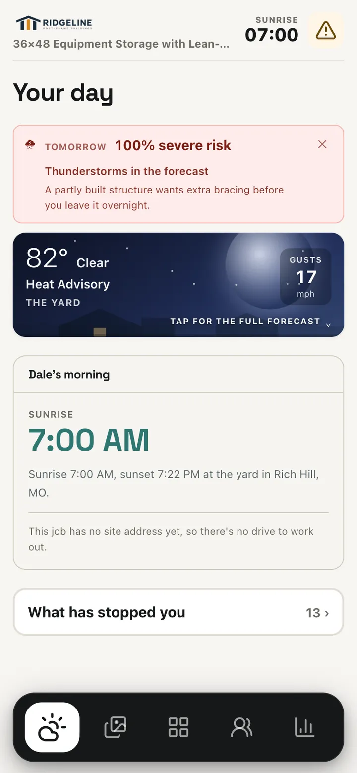 Crew portal on a phone: Your day, with tomorrow's thunderstorm advisory, today's temperature and gusts, and sunrise at 7:00 AM